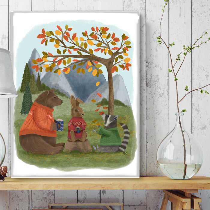 Bear, Raccoon, Rabbit, Autumn Coffee Morning, Art Print, Canvas, Wall Art