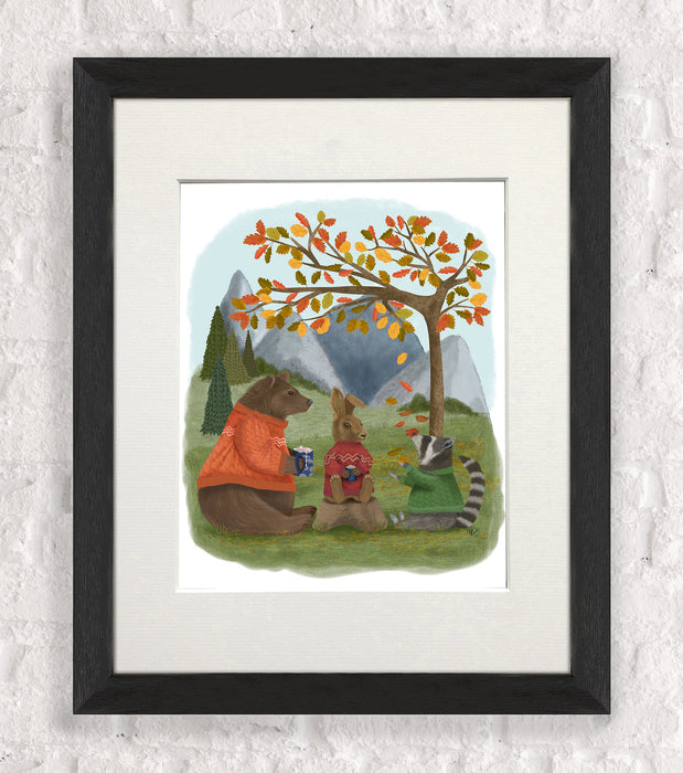 Bear, Raccoon, Rabbit, Autumn Coffee Morning, Art Print, Canvas, Wall Art
