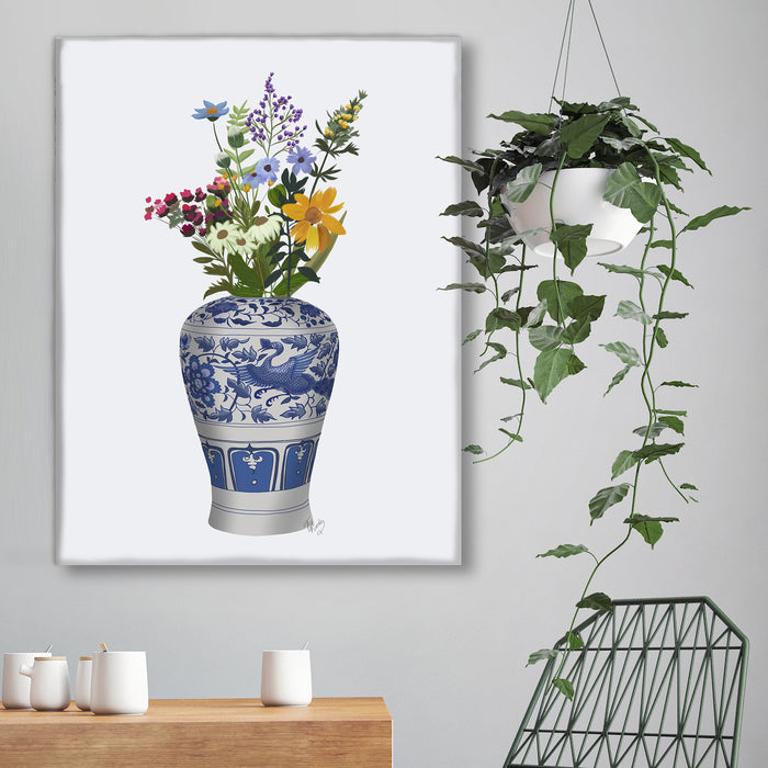 Chinoiserie Crane Vase and Wildflowers, Art Print, Canvas art
