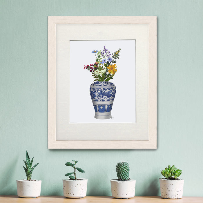 Chinoiserie Crane Vase and Wildflowers, Art Print, Canvas art