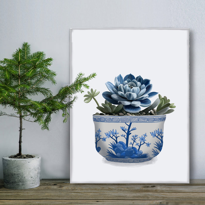 Echeveria in Blue 3, Chinoiserie Art Print, Canvas art
