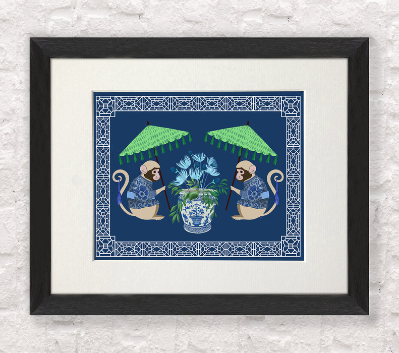 Monkey Twins and Planter on Blue, Chinoiserie Art Print, Canvas art