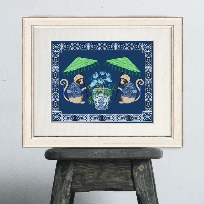 Monkey Twins and Planter on Blue, Chinoiserie Art Print, Canvas art