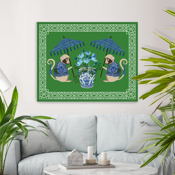 Monkey Twins and Planter on Green, Chinoiserie Art Print, Canvas art