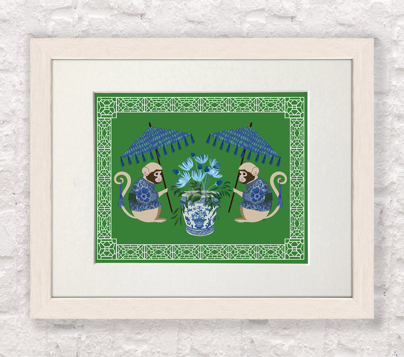 Monkey Twins and Planter on Green, Chinoiserie Art Print, Canvas art