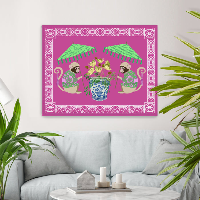 Monkey Twins and Planter on Pink, Chinoiserie Art Print, Canvas art
