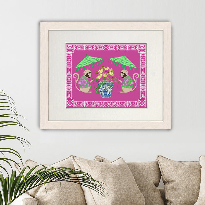 Monkey Twins and Planter on Pink, Chinoiserie Art Print, Canvas art
