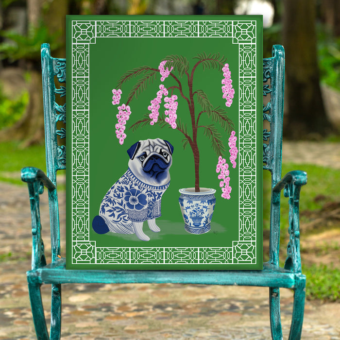 Chinoiserie Pug and Cherry Blossom On Green, Art Print, Canvas art