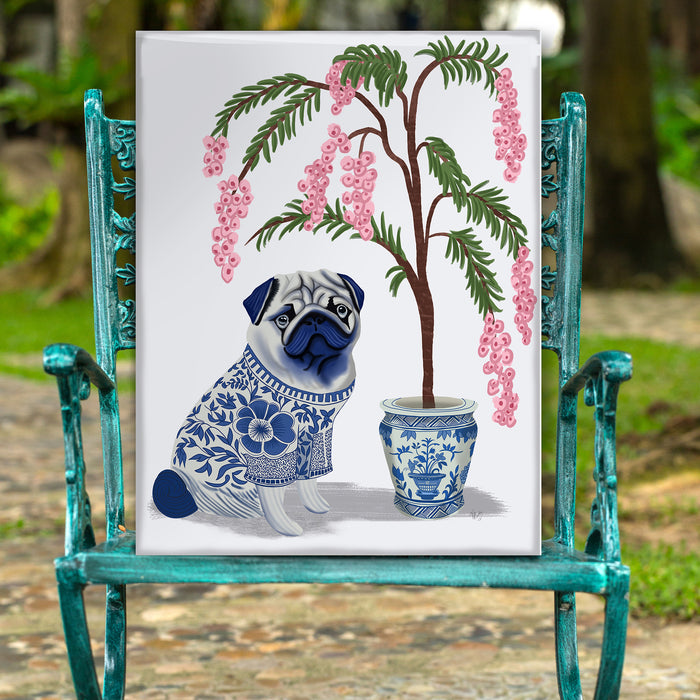 Chinoiserie Pug and Cherry Blossom On Grey, Art Print, Canvas art