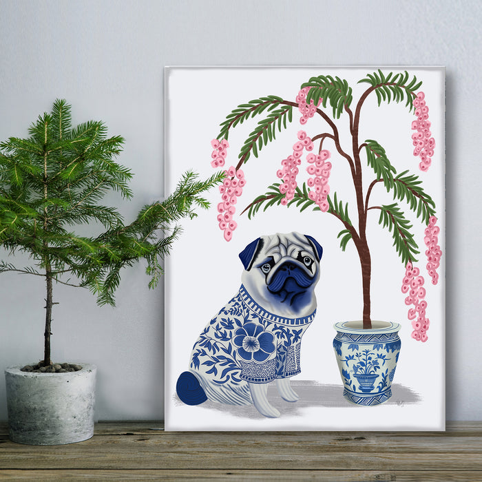 Chinoiserie Pug and Cherry Blossom On Grey, Art Print, Canvas art