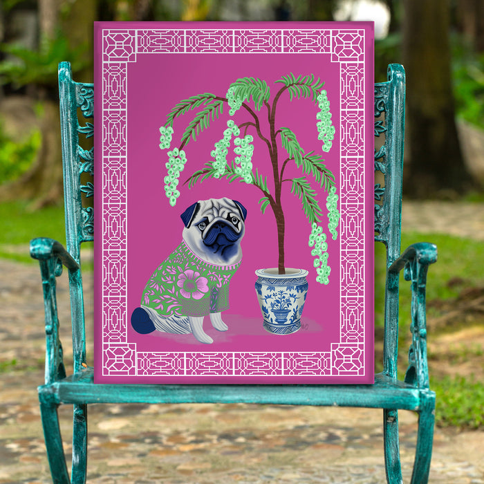 Chinoiserie Pug and Cherry Blossom On Pink, Art Print, Canvas art