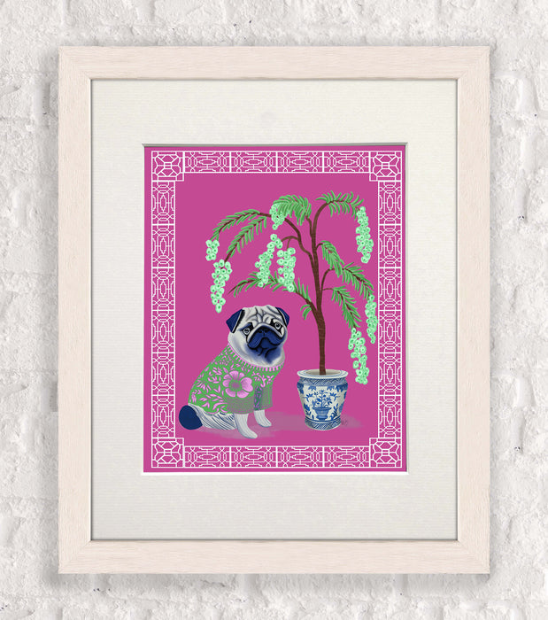 Chinoiserie Pug and Cherry Blossom On Pink, Art Print, Canvas art