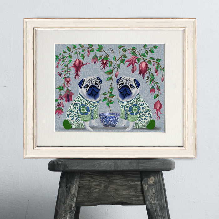 Chinoiserie Pug Twins and Fuchsia, Art Print, Canvas art