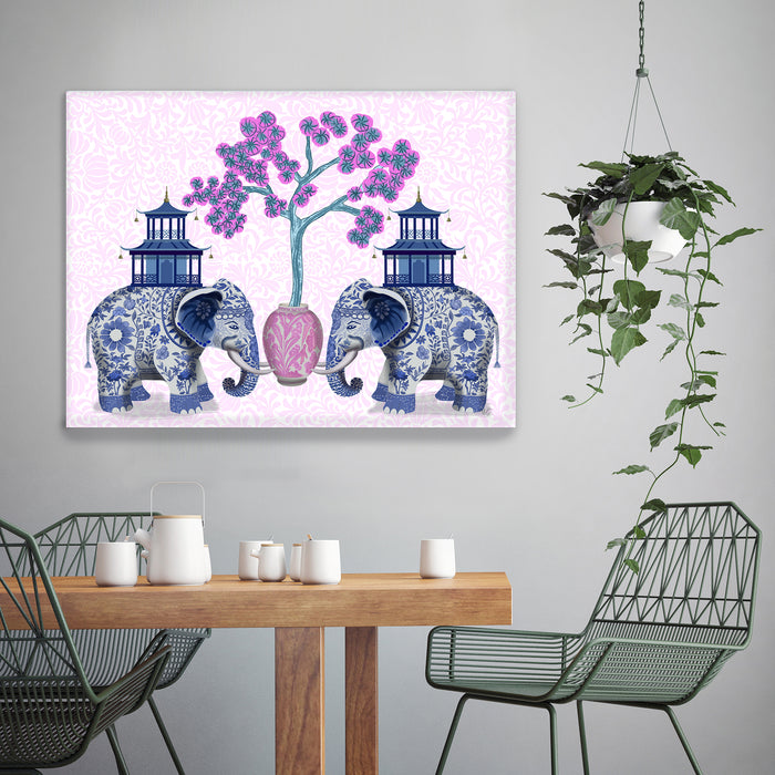 Chinoiserie Elephants and Cherry Blossom, Art Print, Canvas art