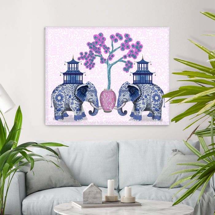 Chinoiserie Elephants and Cherry Blossom, Art Print, Canvas art