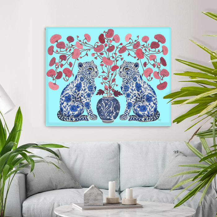 Chinoiserie Leopard Twins on Blue, Art Print, Canvas art