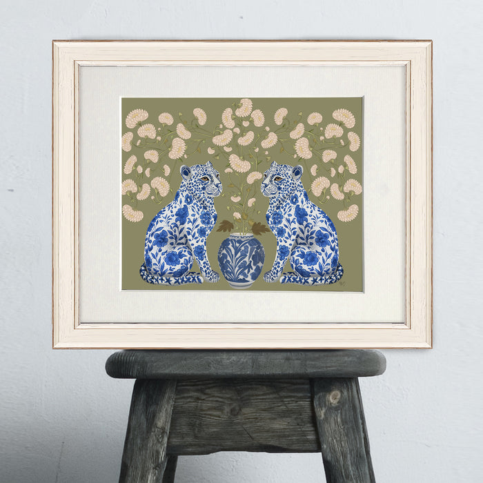 Chinoiserie Leopard Twins on Olive Haze, Art Print, Canvas art