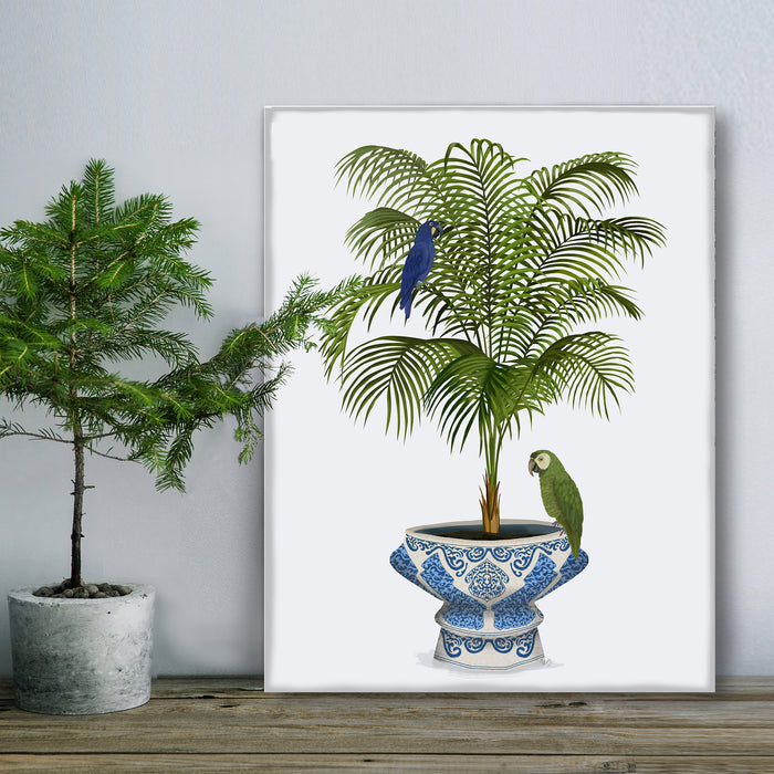 Palm in Chinoiserie Pot and Parrots 1, Art Print, Canvas art