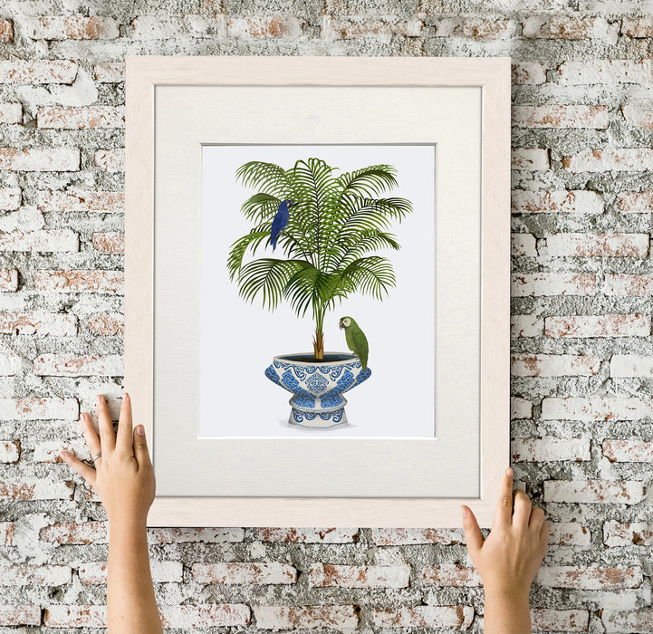 Palm in Chinoiserie Pot and Parrots 1, Art Print, Canvas art
