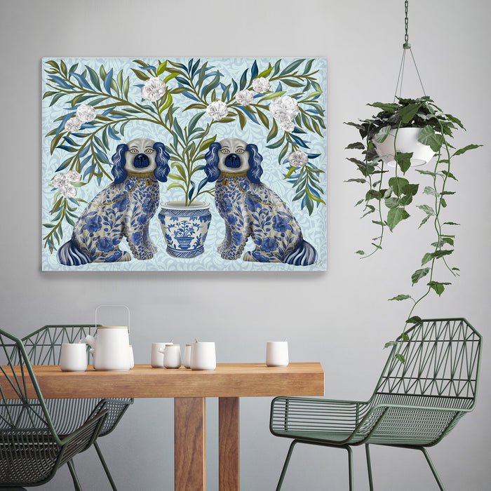 Staffordshire Dog Twins on Blue, Chinoiserie Art Print, Canvas art