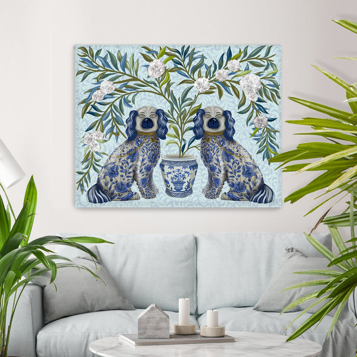 Staffordshire Dog Twins on Blue, Chinoiserie Art Print, Canvas art