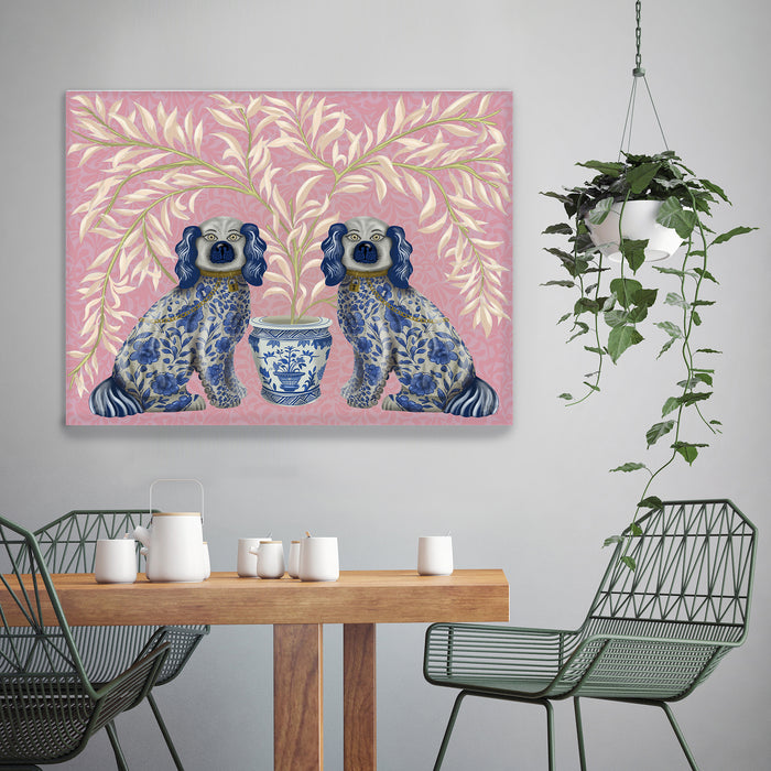 Staffordshire Dog Twins on Pink, Chinoiserie Art Print, Canvas art