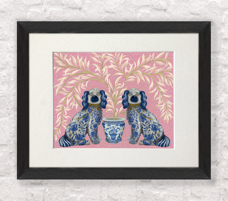 Staffordshire Dog Twins on Pink, Chinoiserie Art Print, Canvas art