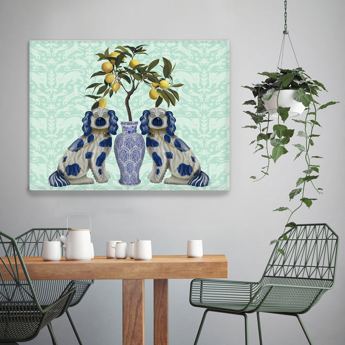 Staffordshire Dog Twins And Lemon Tree, Chinoiserie Art Print, Canvas art