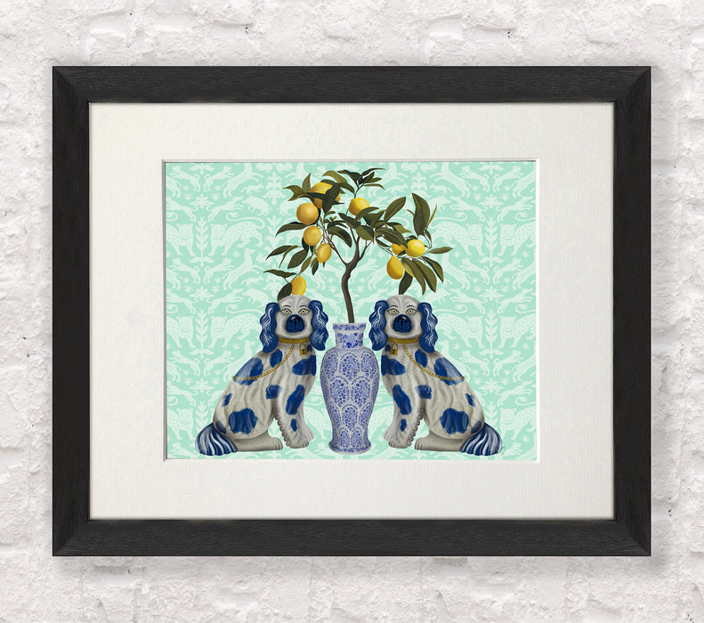 Staffordshire Dog Twins And Lemon Tree, Chinoiserie Art Print, Canvas art