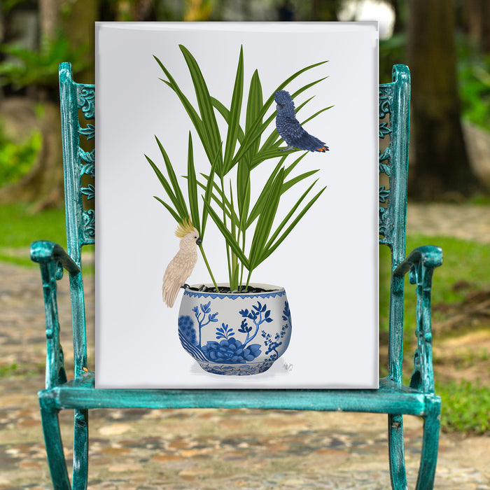Palm in Chinoiserie Pot and Parrots 2, Art Print, Canvas art