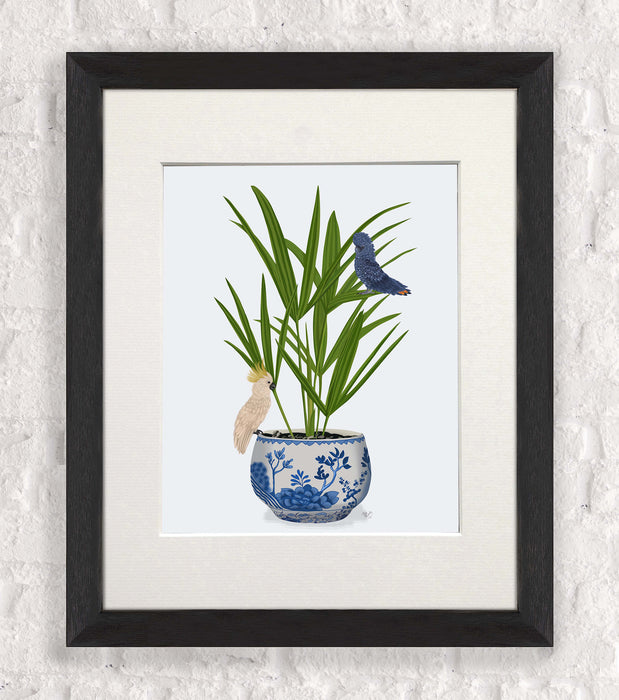 Palm in Chinoiserie Pot and Parrots 2, Art Print, Canvas art