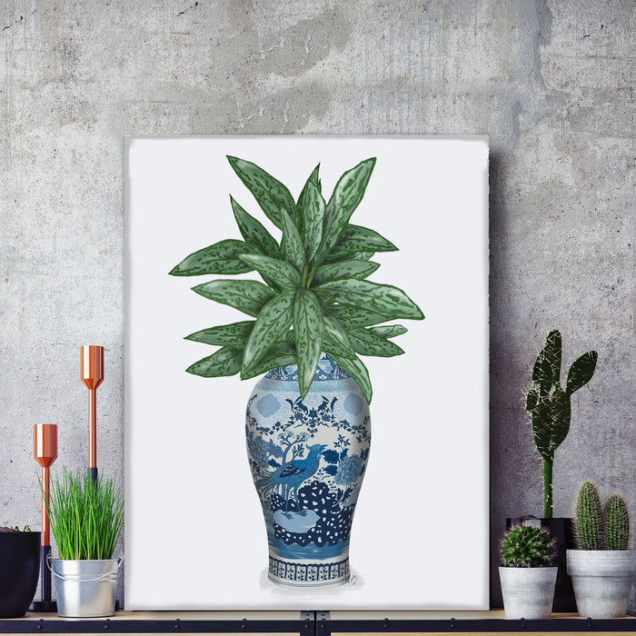 Cockerel Vase with Chinese Evergreen, Chinoiserie Art Print, Canvas art