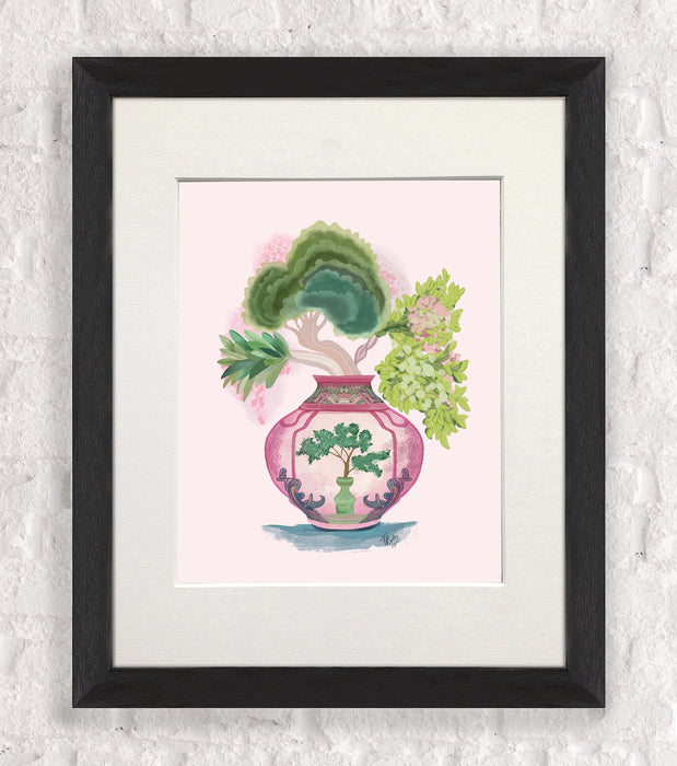 Pink Green Vase 1, Chinoiserie Art Print, Canvas art