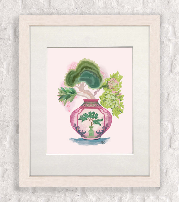 Pink Green Vase 1, Chinoiserie Art Print, Canvas art