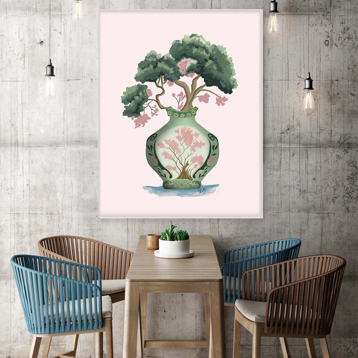 Pink Green Vase 2, Chinoiserie Art Print, Canvas art