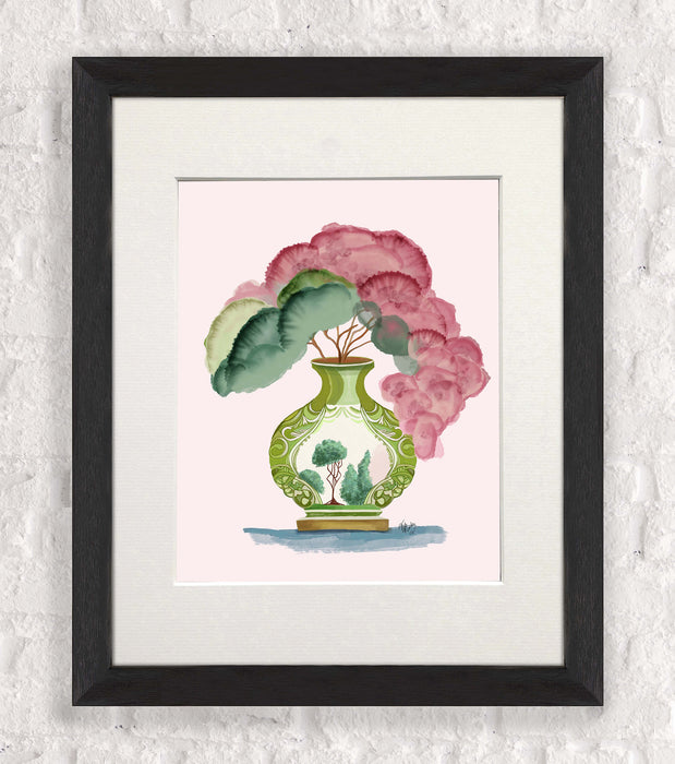 Pink Green Vase 3, Chinoiserie Art Print, Canvas art