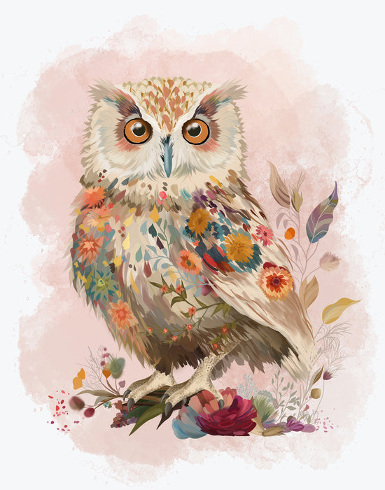Floralessence Owl 1, Woodland Animal Art Print, Wall Art