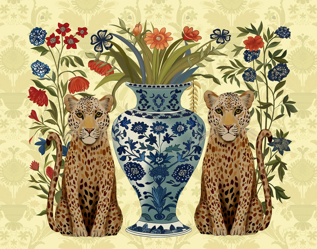 Chinoiserie Leopard Bouquet Twins on Lemon, Art Print, Canvas art ...