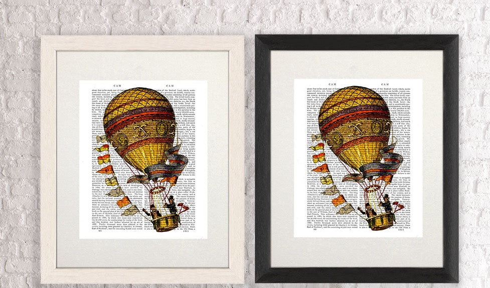 Hot Air Balloon Gold with Flags, Book Print, Art Print, Wall Art