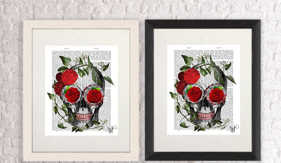Skull With Roses And Vines, Book Print, Art Print, Wall Art
