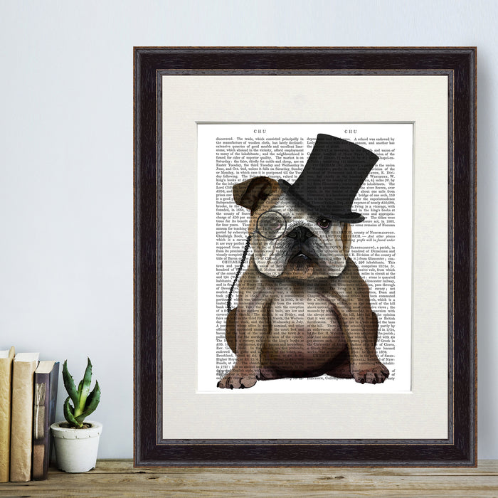 English Bulldog Formal Hound and Hat Dog Book Print, Art Print, Wall Art