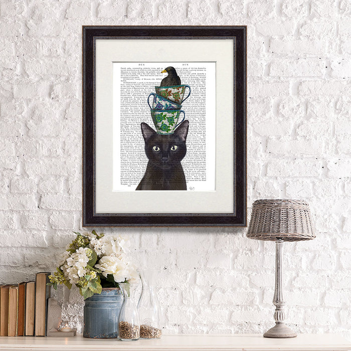 Black Cat with Teacups and Blackbird, Book Print, Art Print, Wall Art