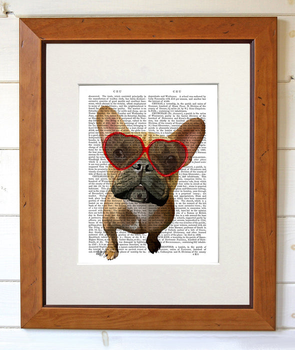 French Bulldog in Heart Glasses Book Print, Art Print, Wall Art