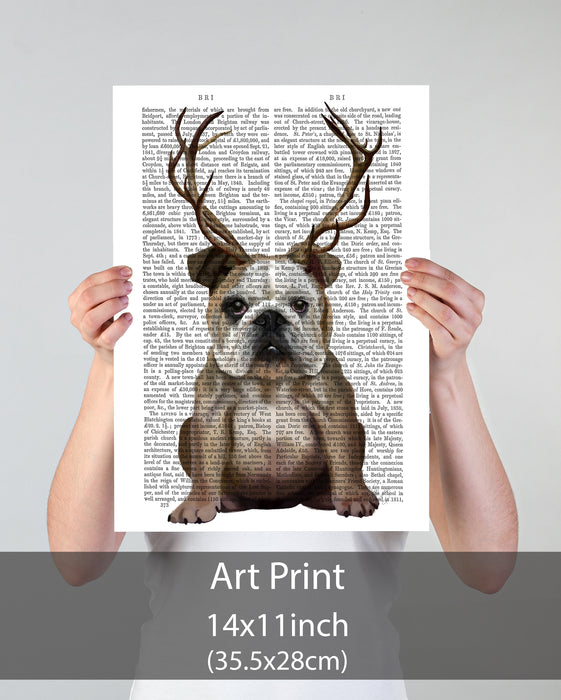 English Bulldog with antlers, Book Print, Dog Art Print, Wall Art