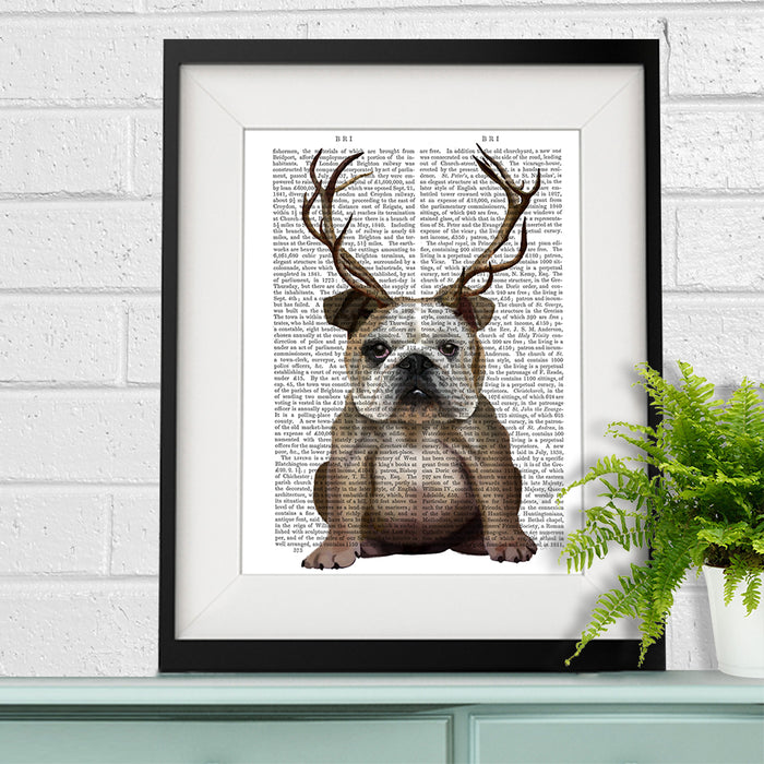 English Bulldog with antlers, Book Print, Dog Art Print, Wall Art