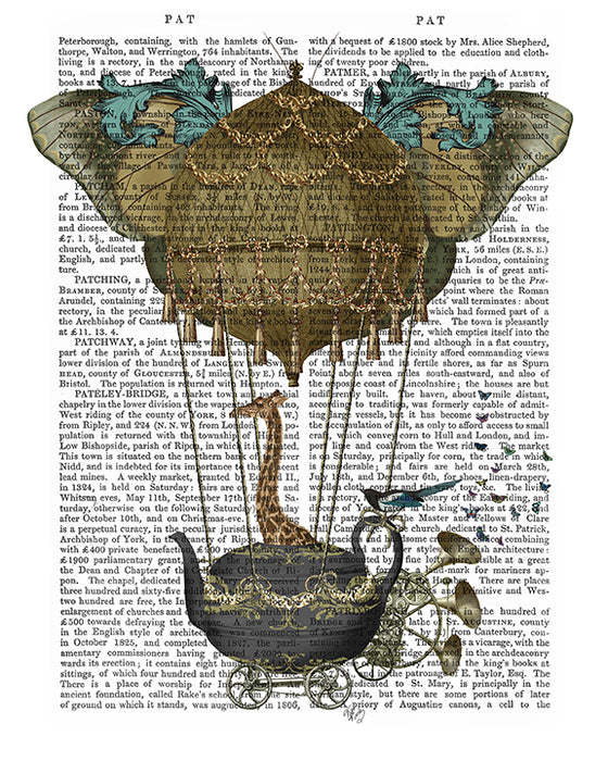 Giraffe and Golden Hot Air Balloon Teapot, Book Print, Art Print, Wall Art
