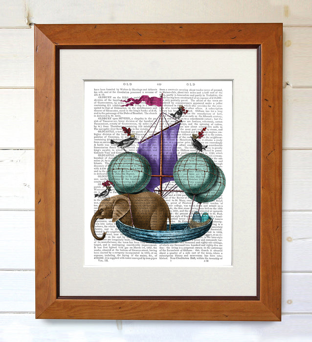 Elephant in Airship with Owls & Birds, Book Print, Art Print, Wall Art
