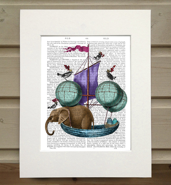 Elephant in Airship with Owls & Birds, Book Print, Art Print, Wall Art