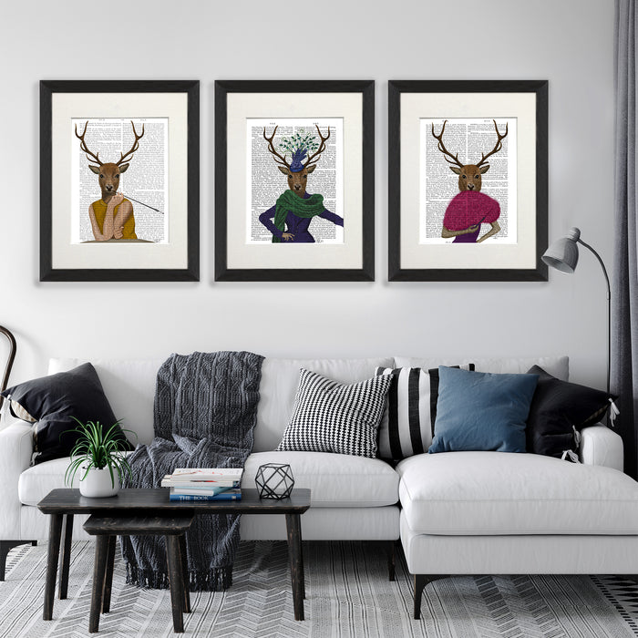 Gallery Set 3 Deer Ladies Print Collection, Book Art Print, Canvas Art