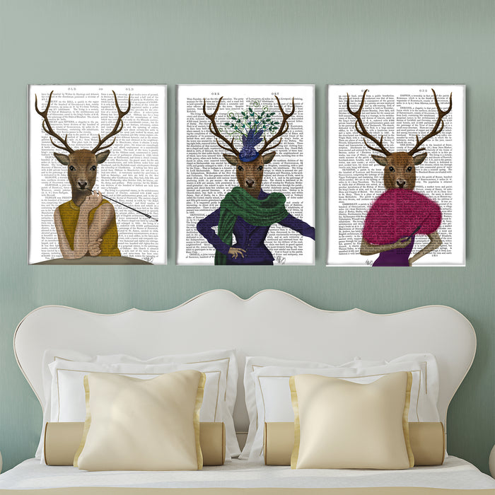 Gallery Set 3 Deer Ladies Print Collection, Book Art Print, Canvas Art